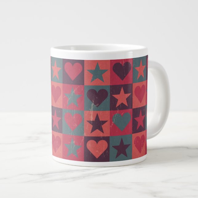 Hearts And Stars Pattern Pink Large Coffee Mug (Front Right)