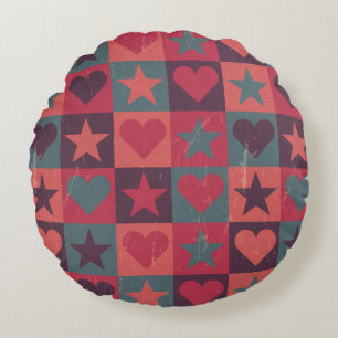 Hearts And Stars Pattern Pink Round Pillow