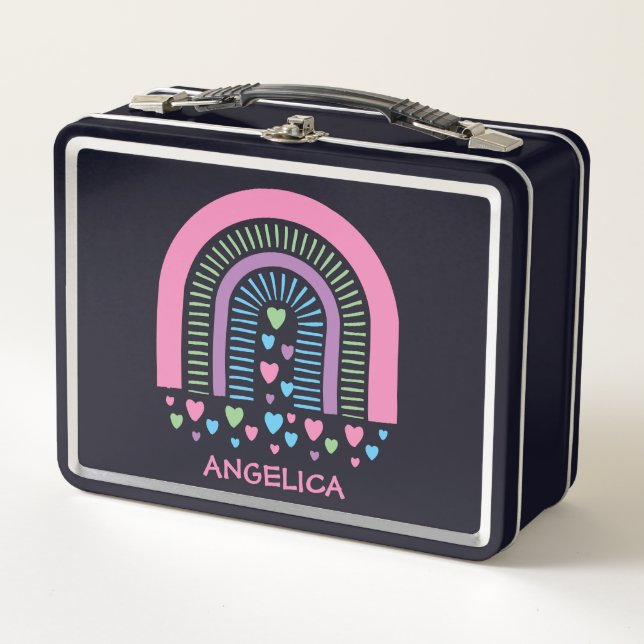 Hearts and Stripes Boho Rainbow Metal Lunch Box (Front)