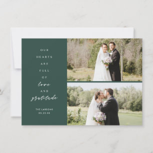 Hearts are Full Three Photo Green Wedding Thank You Card