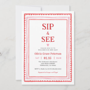 Hearts Baby Girl Sip and See Welcome Baby  Invitation