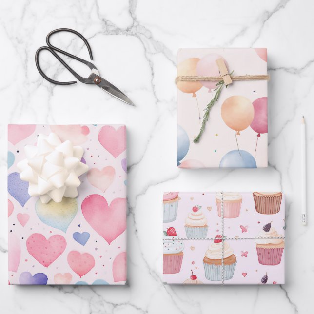 Hearts Balloons Cup Cakes Wrapping Paper Set of 3 (Front)