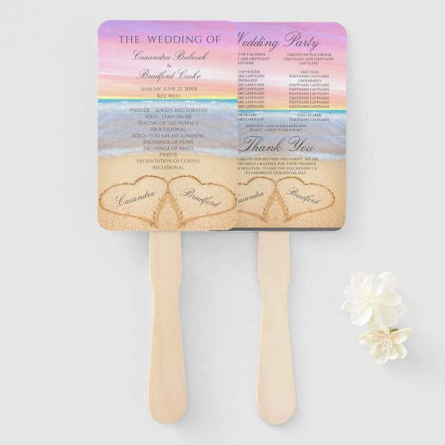 Hearts  Beach Wedding ceremony program Pink Purple Hand Fan (Front and Back)