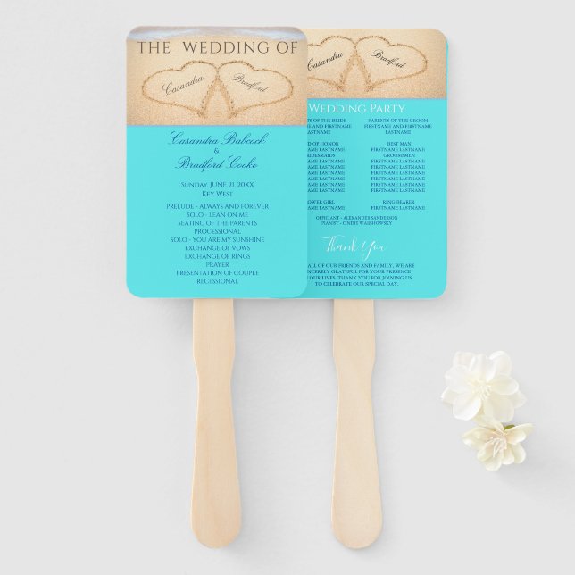 Hearts  Beach Wedding ceremony program Teal Blue  Hand Fan (Front and Back)