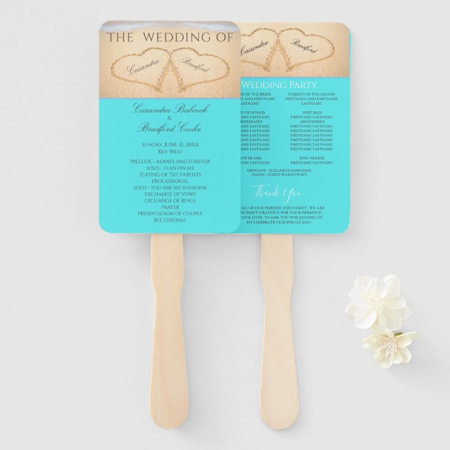 Hearts  Beach Wedding ceremony program Teal Blue Hand Fan (Front and Back)
