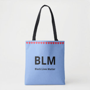 Hearts & Black Lives Matter BLM Text on Light Blue Tote Bag