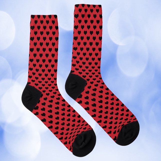 Hearts Black Pattern on Red Background Socks (A pair of socks with black hearts on a red background)