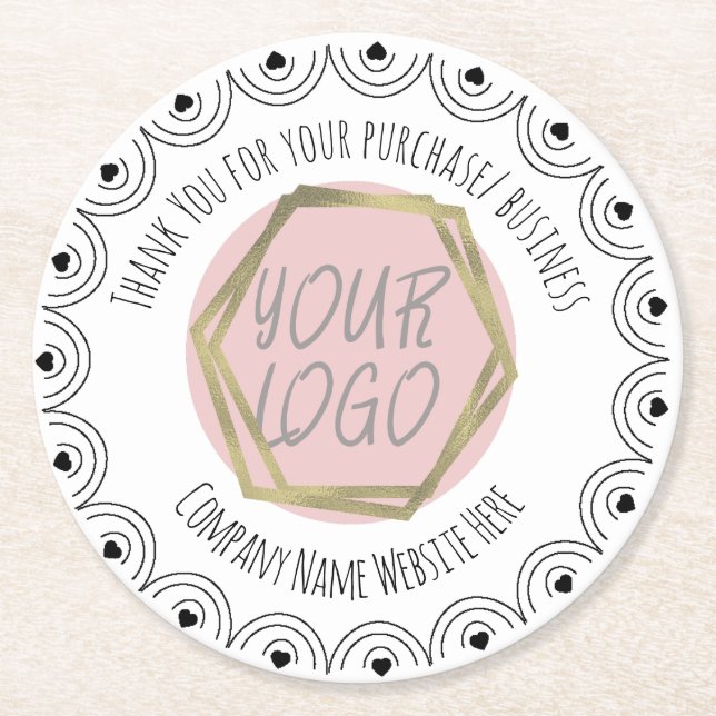 Hearts Border Hand Drawn Business Logo  Round Paper Coaster (Front)