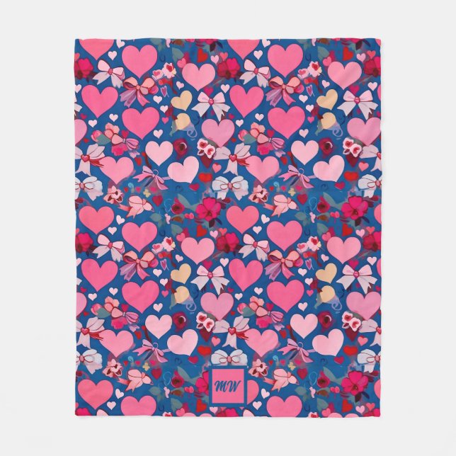 Hearts, bows, floral accents, pastels monogram fleece blanket (Front)