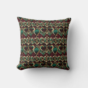 Hearts Burgundy Gold Emerald Throw Pillow