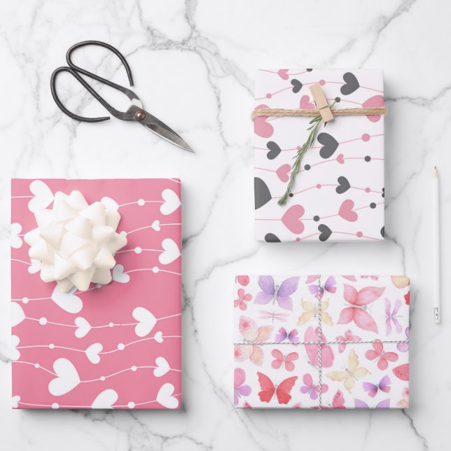 Hearts Butterflies Pink White Grey Wrapping Paper Sheet (Front)