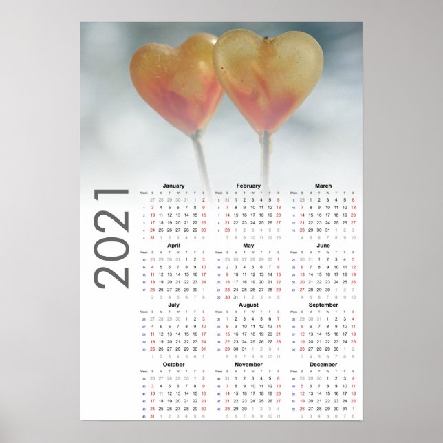 Hearts Calendar 2021 Poster - Sunday first (Front)