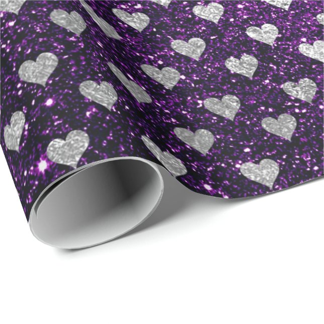 Hearts Confetti Silver Grey Glitter Purple Plum Wrapping Paper (Roll Corner)