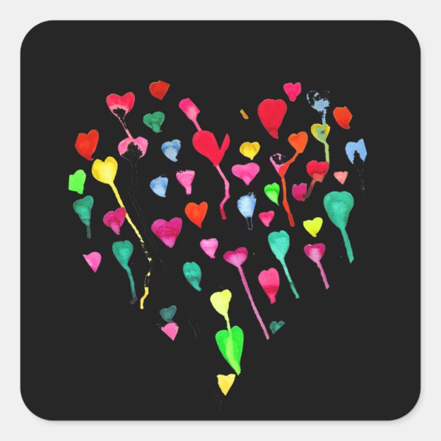 Hearts cute colourful whimsical heart art square sticker (Front)