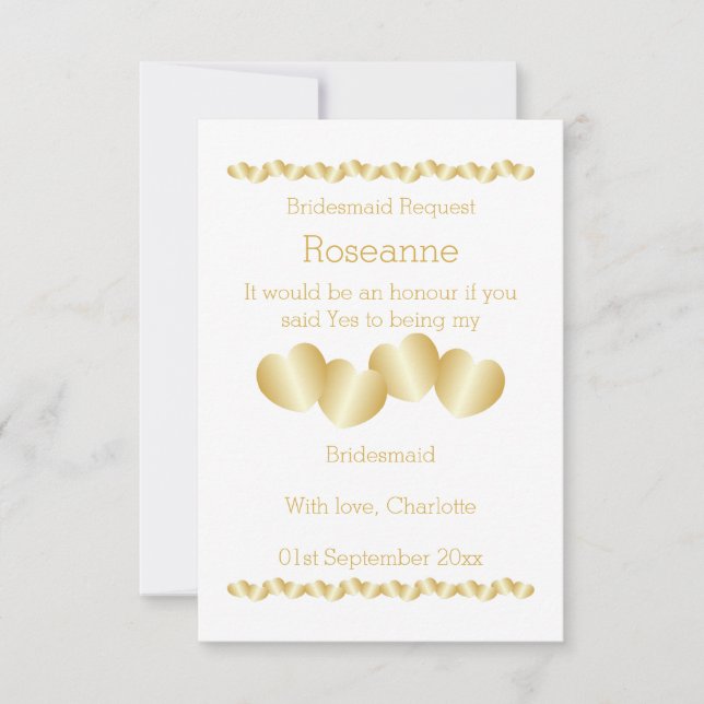 Hearts Design Gold Coloured Bridesmaid Request Invitation (Front)
