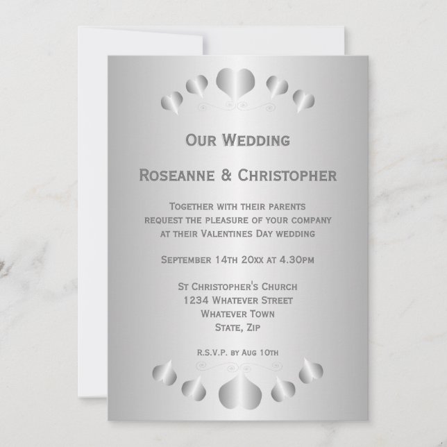 Hearts Design Silver Coloured Background Wedding Invitation (Front)