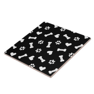 Hearts Dog Paws And Bones Black   Tile