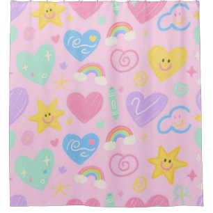 Hearts & Doodles Shower Curtain – Pastel Pop