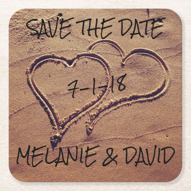 Hearts Drawn in Beach Sand Save the Date Coaster (Front)