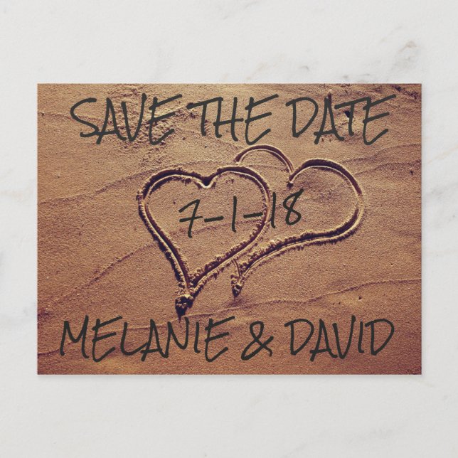 Hearts Drawn in Beach Sand Save the Date Postcard (Front)