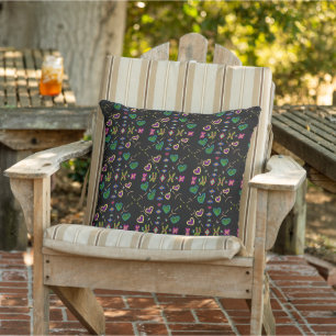 Hearts Flowers and Bugs Pattern on Black Outdoor Pillow