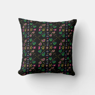 Hearts Flowers and Bugs Pattern on Black Throw Pillow
