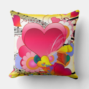 Hearts, Flowers and Music Notes Throw Pillow