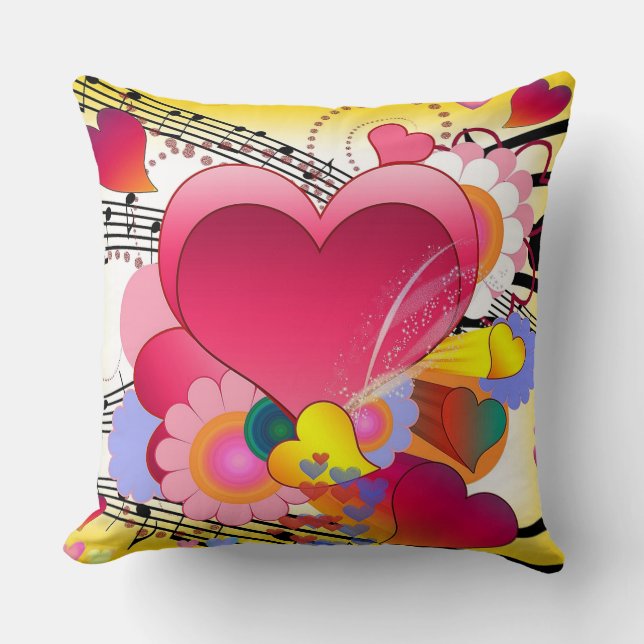 Hearts, Flowers and Music Notes Throw Pillow (Front)