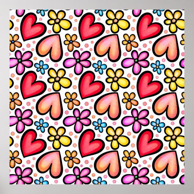 Hearts & Flowers Watercolor Valentine Pattern Poster (Front)