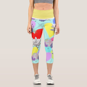 Hearts & Flowers with Aqua Background Capri Leggings