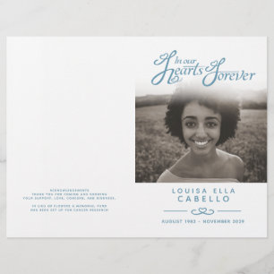 Hearts forever funeral program white blue DIY fold