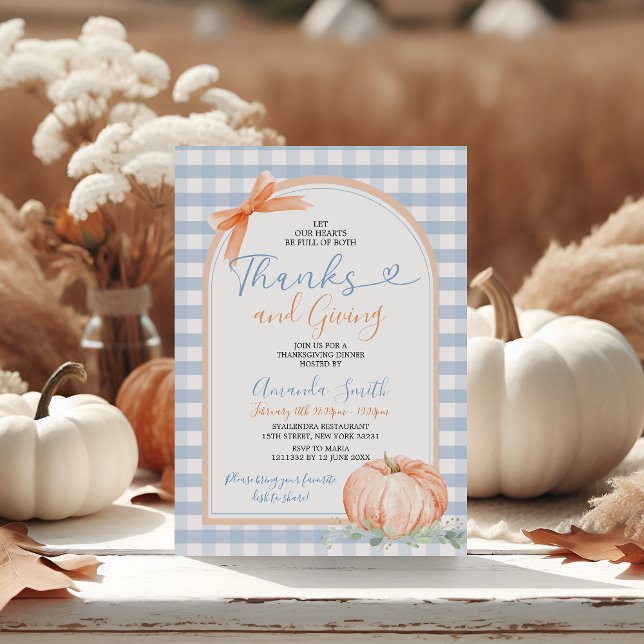 Hearts Full of Thanks Giving Blue Gingham Dinner Invitation (Creator Uploaded)