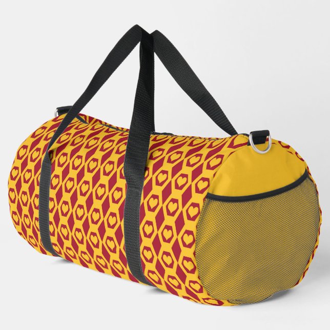 Hearts Garnet Gold Hexagon Pattern Large Duffle Bag (Right Corner)
