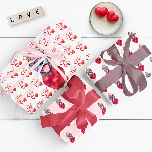 Hearts Grey Pitbull Dog Lover Valentines Gift Wrapping Paper Sheet (Creator Uploaded)