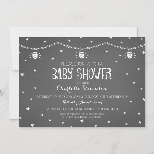 Hearts Grey Vintage Chalkboard Baby Shower Invitation (Front)