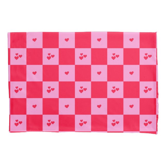 Hearts Grid pink and red Pillowcase (Front)