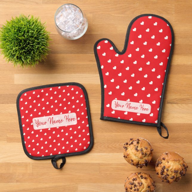 Hearts Happy Valentine’s Day Modern Love Pattern Oven Mitt & Pot Holder Set (Top Down)