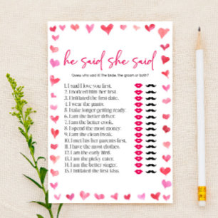 Hearts He Said She Said Bridal Shower Game Stationery