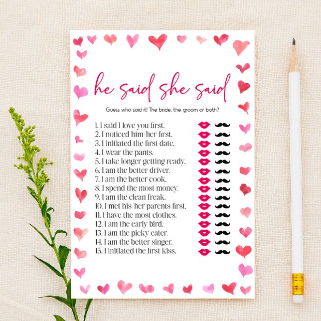 Hearts He Said She Said Bridal Shower Game  Stationery (Creator Uploaded)