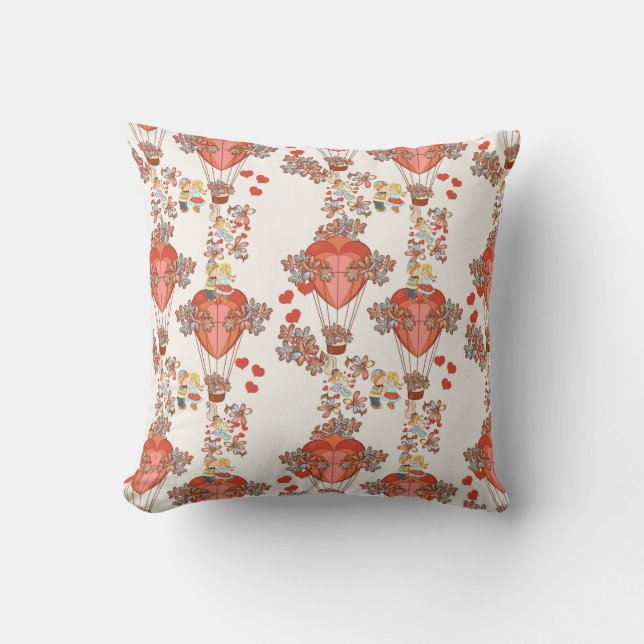Hearts, Hot Air Balloons, Flowers & Kisses Throw Pillow (Front)