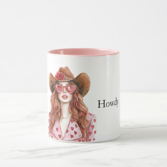 Hearts Howdy Red Hair Cowgirl Mug (Center)