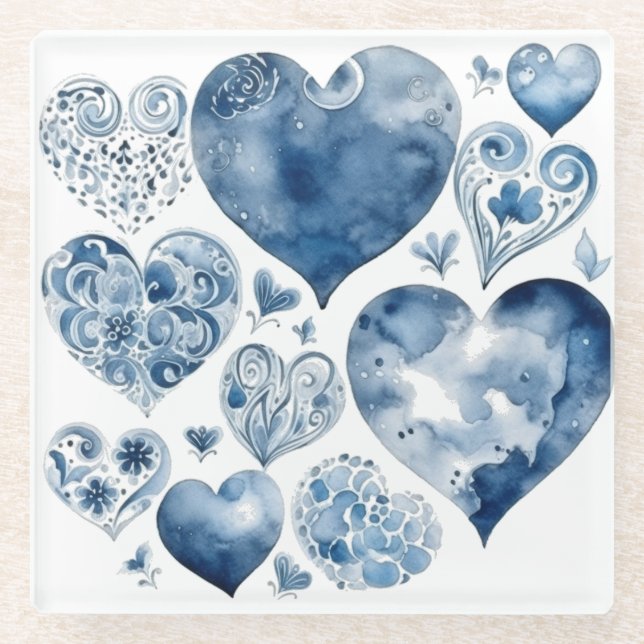 Hearts in Delft Blue  Glass Coaster (Front)