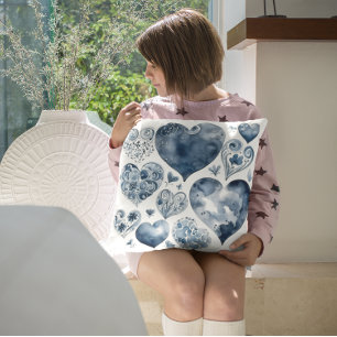 Hearts in Delft Blue  Throw Pillow