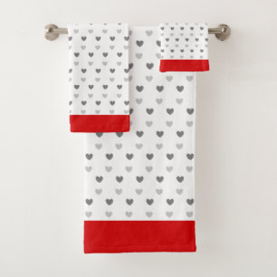 Hearts in grey on red and white Bath Towel Set