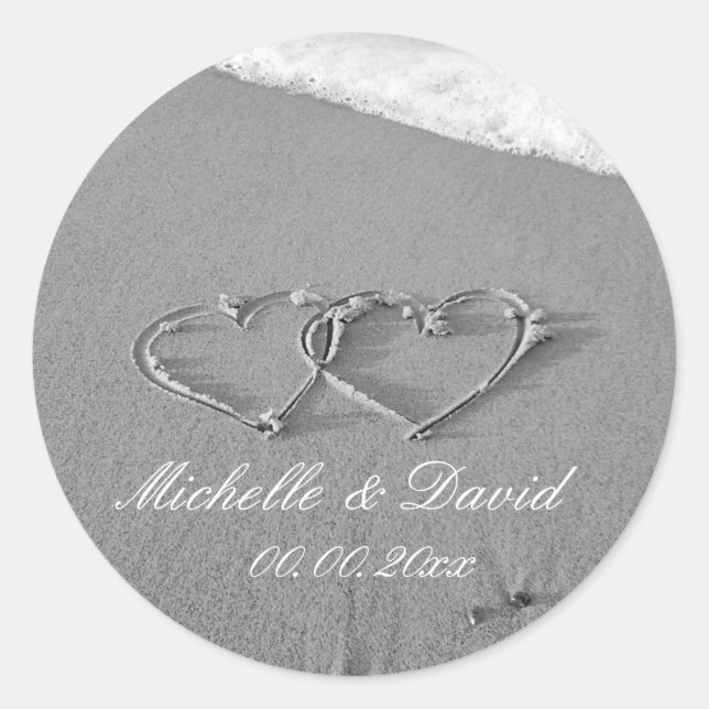 Hearts in sand beach wedding favour sticker & seal (Front)