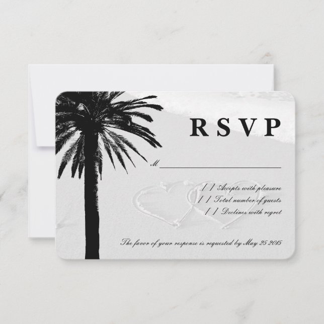Hearts in sand RSVP wedding cards | Beach theme (Front)
