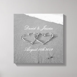 Hearts in the sand beach photography canvas print