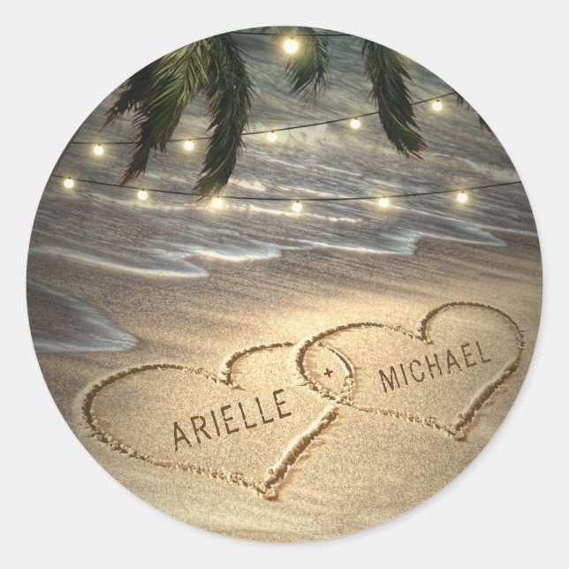Hearts in the Sand Beach Shore Palm Tree Wedding Classic Round Sticker (Front)