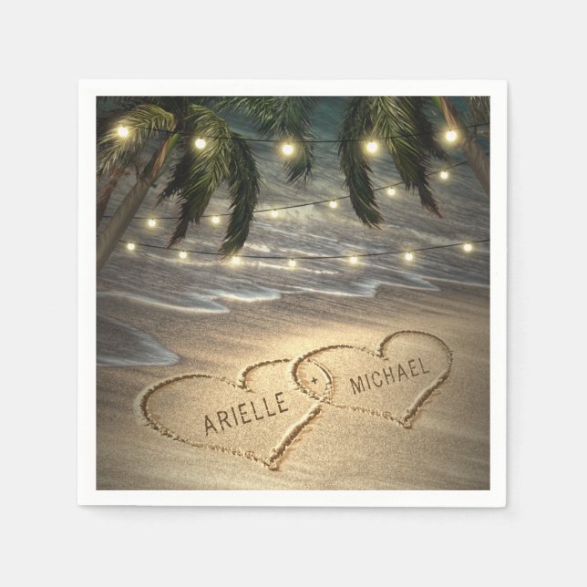 Hearts in the Sand Beach Shore Palm Tree Wedding Napkin (Front)