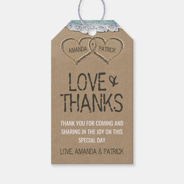 Hearts in the Sand Beach Shore Wedding Thank You Gift Tags (Front)